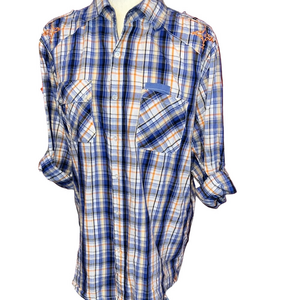UNTOUCHABLE Shirt Men Crest Sequin Y2k Streetwear Blue Plaid Western Roll Tab XL